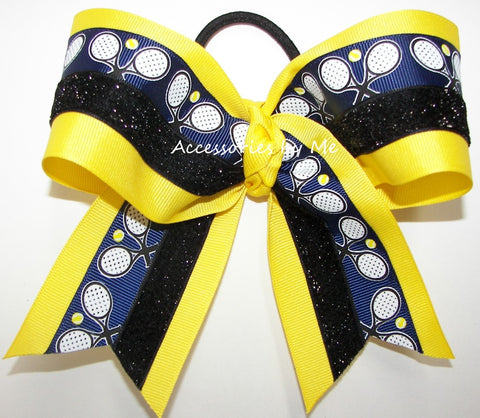 Tennis Navy Yellow Black Glitter Cheer Bow
