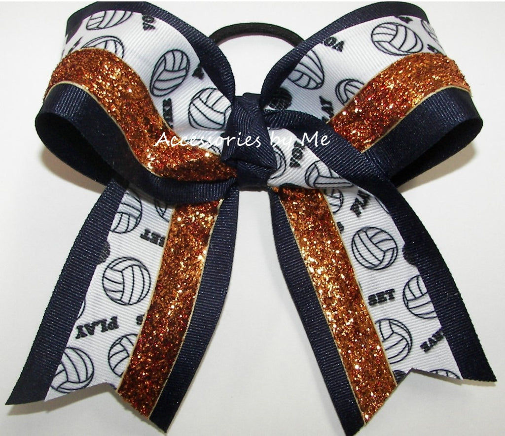 Volleyball Navy Blue Orange Glitter Hair Bow