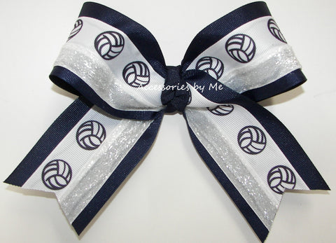 Volleyball Navy Blue White Glitter Hair Bow