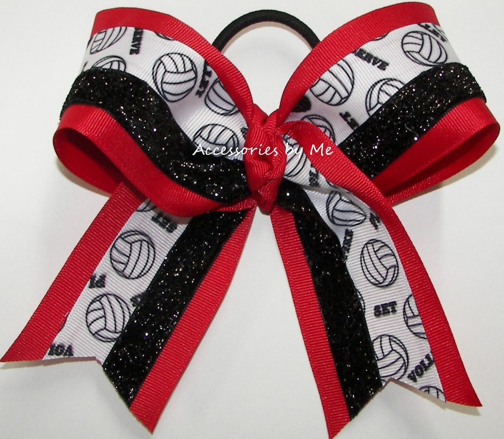 Volleyball Red Black Glitter Trim Hair Bow