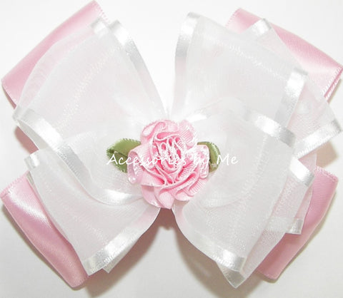 Pink White Organza Satin Rose Hair Bow