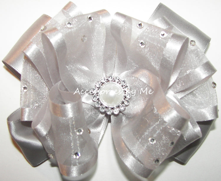 Glitzy Silver Organza Satin Pearl Rhinestone Center Hair Bow