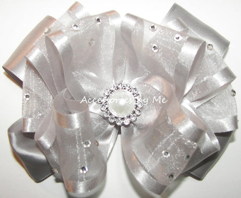 Glitzy Silver Organza Satin Pearl Hair Bow