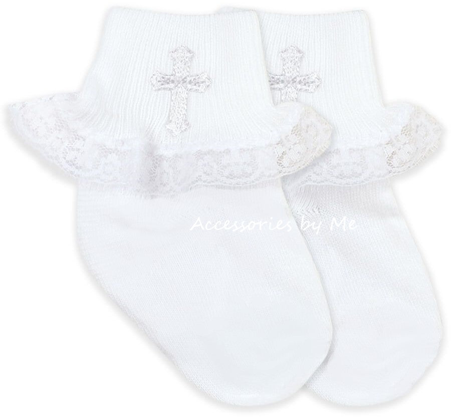 White Embroidered Cross Lace Trim Socks