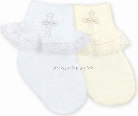 Baptism Embroidered Cross Lace Trim Sock