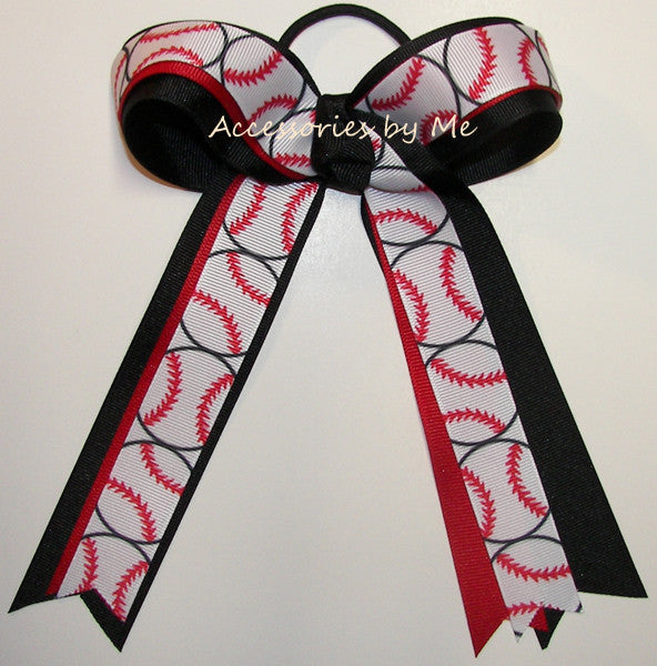 Baseball Red Black Ponytail Holder Bow