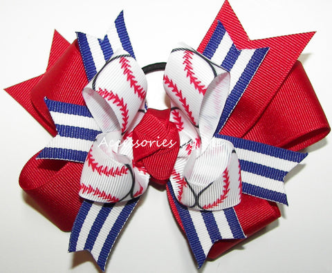 Baseball Red Royal Blue Ponytail Hair Bow