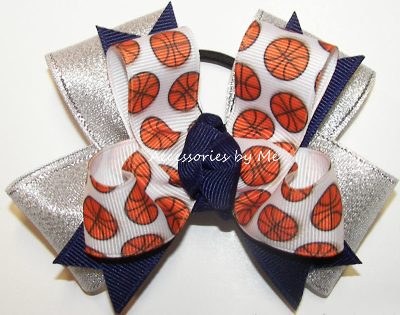 Basketball Navy Blue Silver Metallic Hair Bow