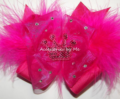Glitzy Fuchsia Pink Tiara Marabou Hair Bow