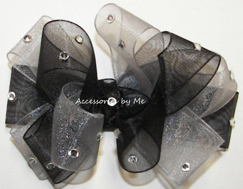 Glitzy Black Silver Organza Hair Bow