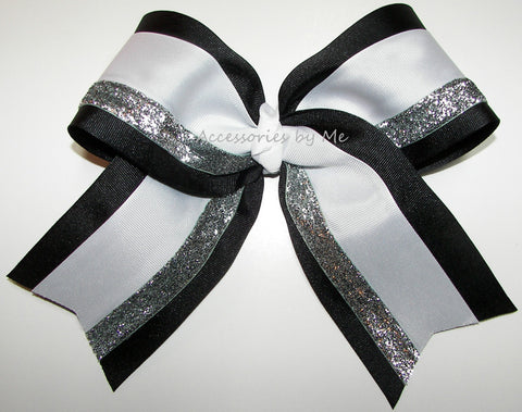 Glitter Black White Silver Cheer Bow