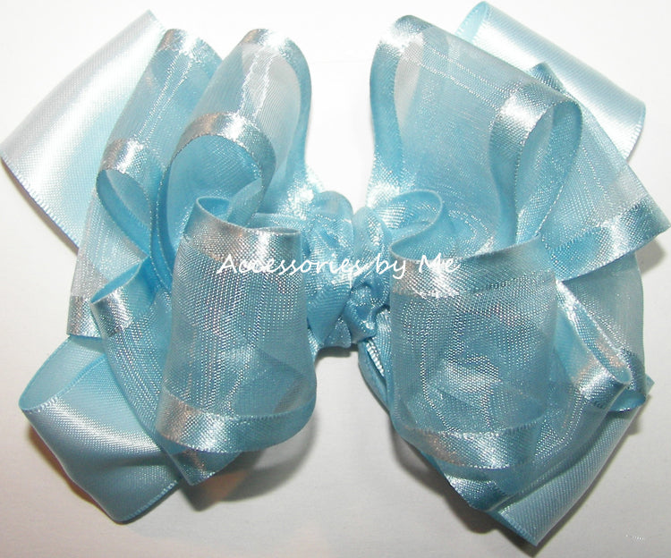 Steel Blue Organza Satin Trim Hair Bow