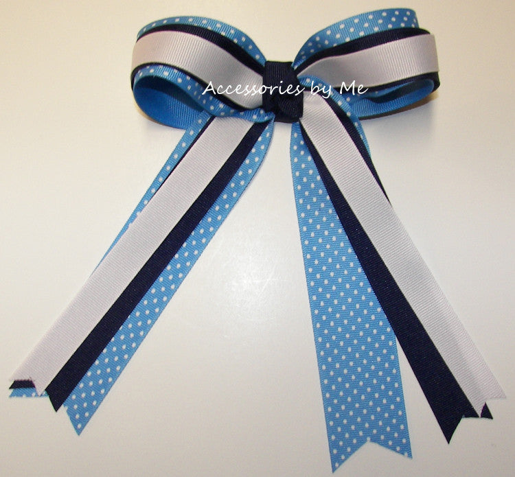 Blue White Polka Dots Ponytail Holder Cheer Bow