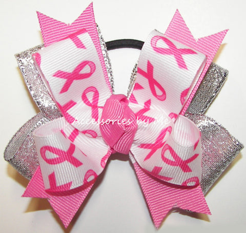 Breast Cancer Hot Pink Silver Pigtail Bow