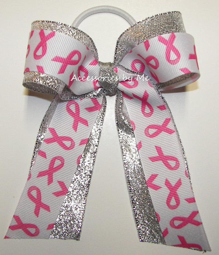 Breast Cancer Hot Pink Silver Ponytail Holder