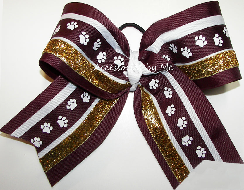 Maroon Paw Print White Gold Glitter Big Cheer Bow