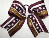 Maroon Paw Print White Gold Glitter Big Cheer Bow