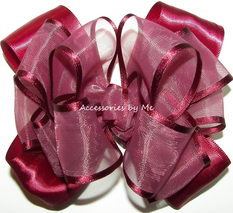 Burgundy Organza Satin Trim Hair Bow