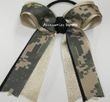 Digi Camo Green Black Tan Gold Ponytail Bow