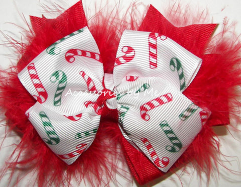 Christmas Candy Cane Red Marabou Hair Bow
