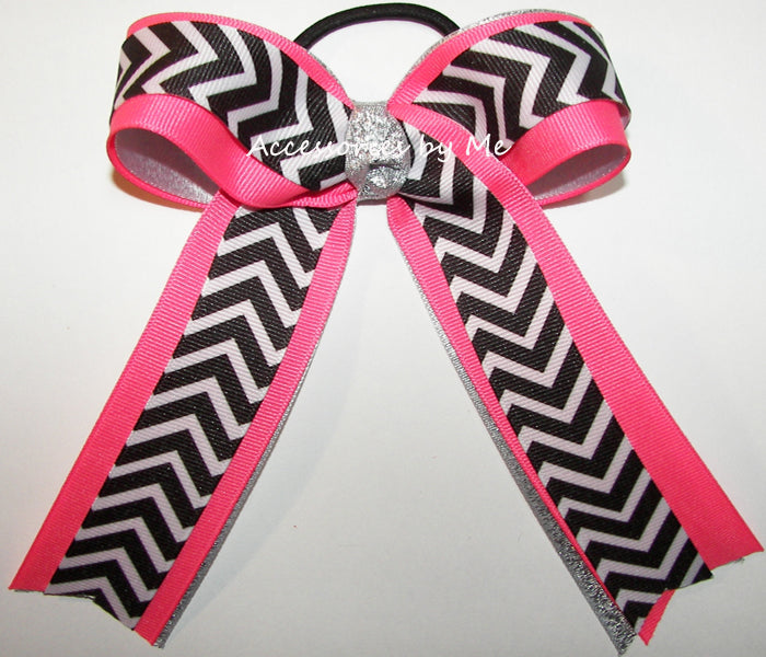 Chevron Hot Pink Black Silver Ponytail Holder Bow