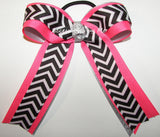 Chevron Hot Pink Black Silver Ponytail Holder Bow