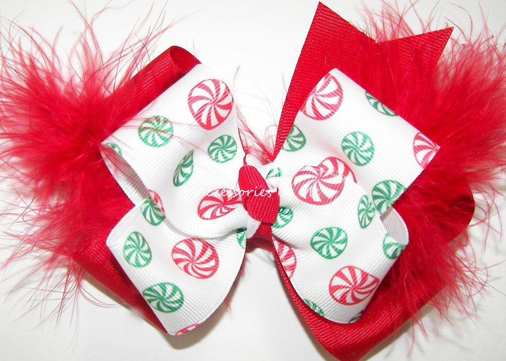 Christmas Candy Red Marabou Feathers Hair Bow