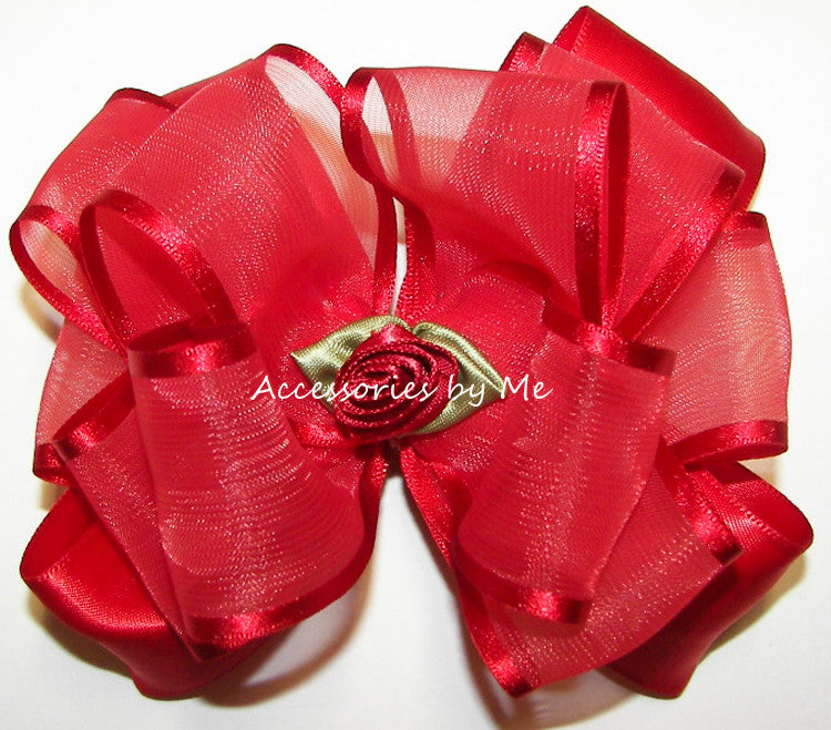 Fancy Red Organza Satin Floral Hair Bow - Accessories by Me