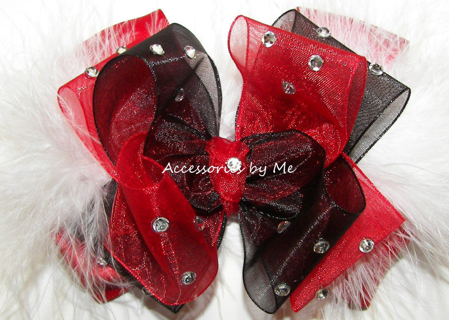 Glitzy Red Black White Marabou Feathers Hair Bow