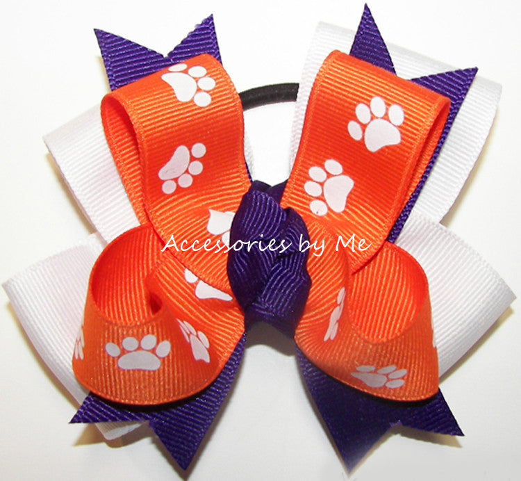 Paw Print Orange Purple White Ponytail Bow