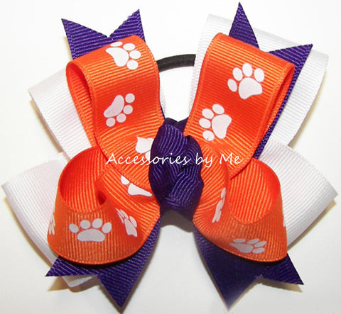 Paw Print Orange Purple Ponytail Bow