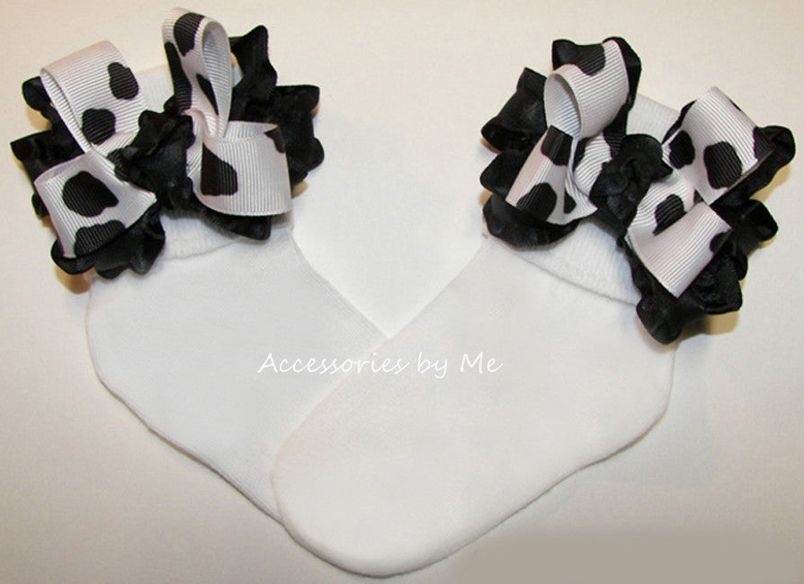 Cow Print Black White Ruffle Bow Socks