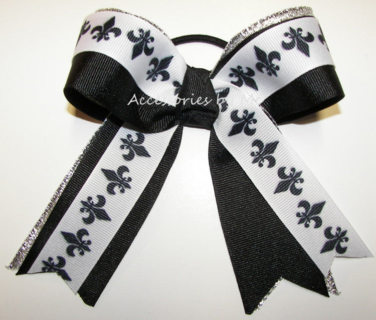 Fleur de Lis Black White Silver Metallic Ponytail Holder Bow
