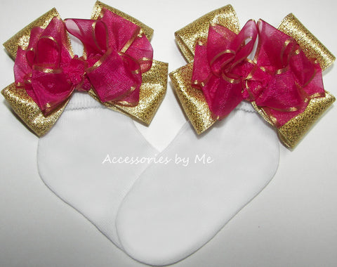 Fuchsia Pink Gold Organza Metallic Bow Socks