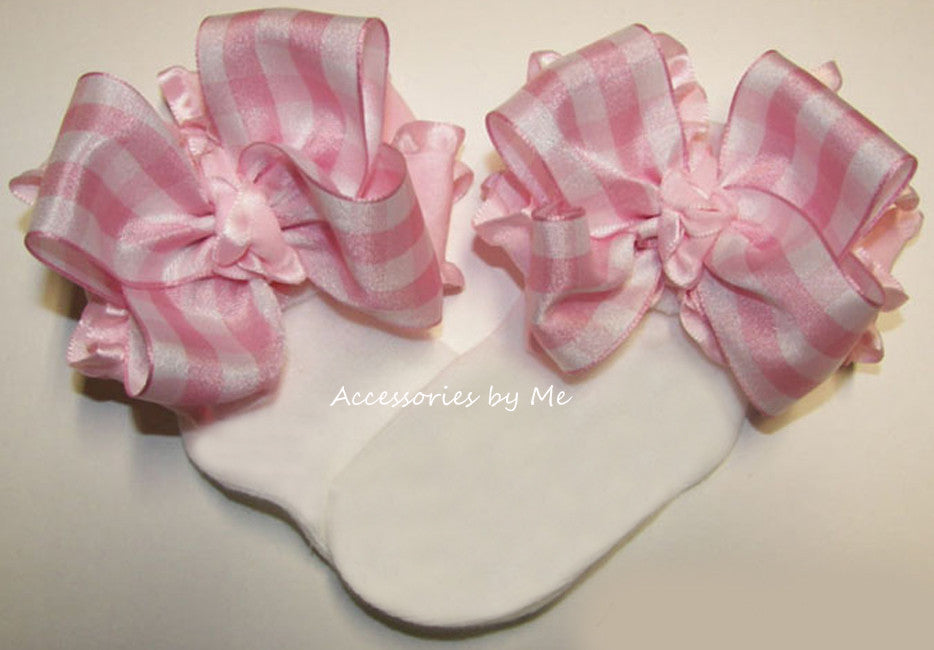 Light Pink Gingham Plaid Ruffle Bow Socks