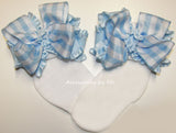Light Blue Gingham Plaid Ruffle Bow Socks