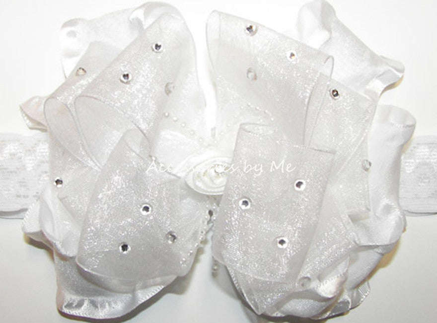 Glitzy White Organza Ruffle Bow Headband