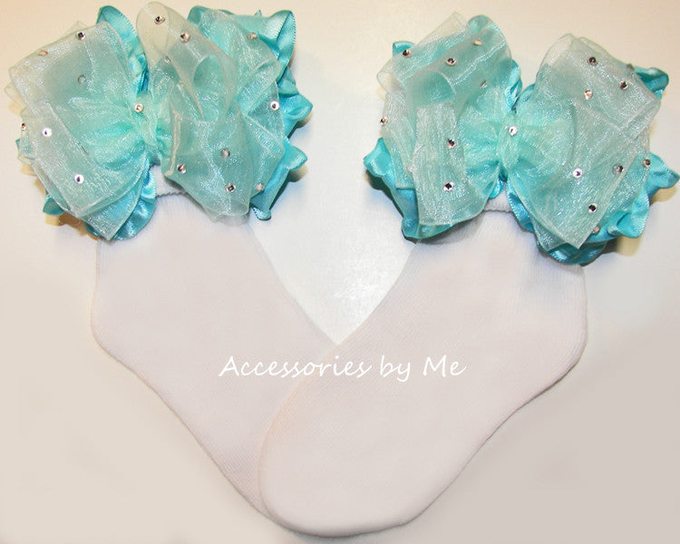 Glitzy Turquoise Organza Ruffle Bow Socks