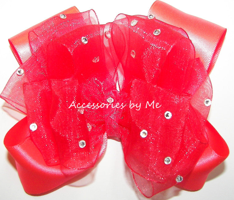 Glitzy Bright Neon Coral Organza Satin Hair Bow
