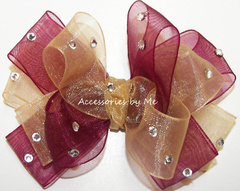 Glitzy Wine Gold Organza Hair Bow