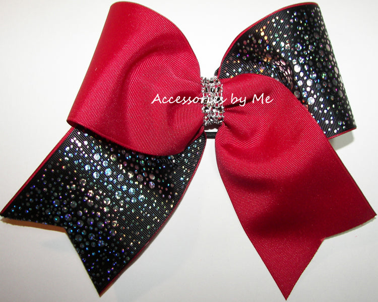 Glitzy Cranberry Red Black Foil Rhinestones Cheer Bow