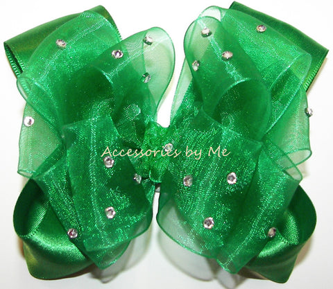 Glitzy Emerald Green Organza Satin Hair Bow