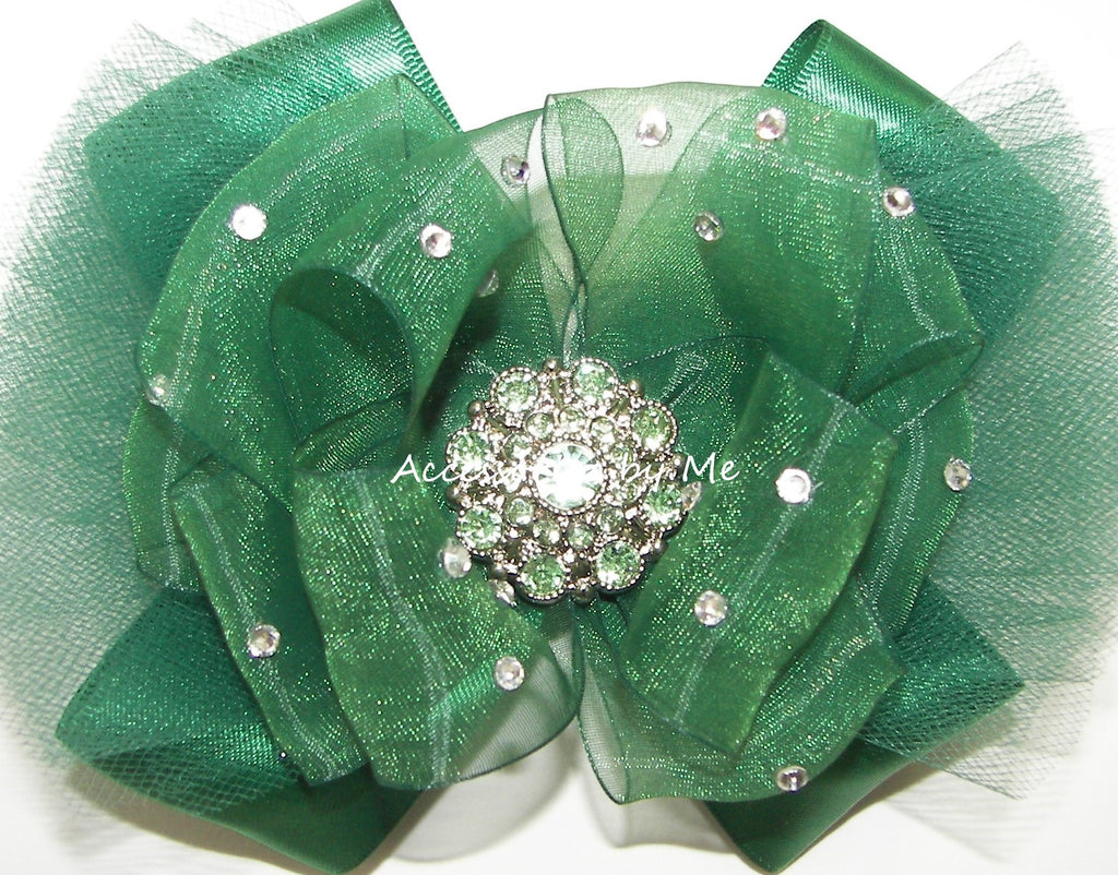 Glitzy Forest Green Organza Satin Tutu Hair Bow