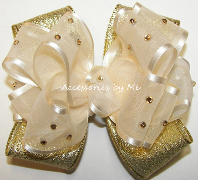 Glitzy Ivory Gold Lame Hair Bow