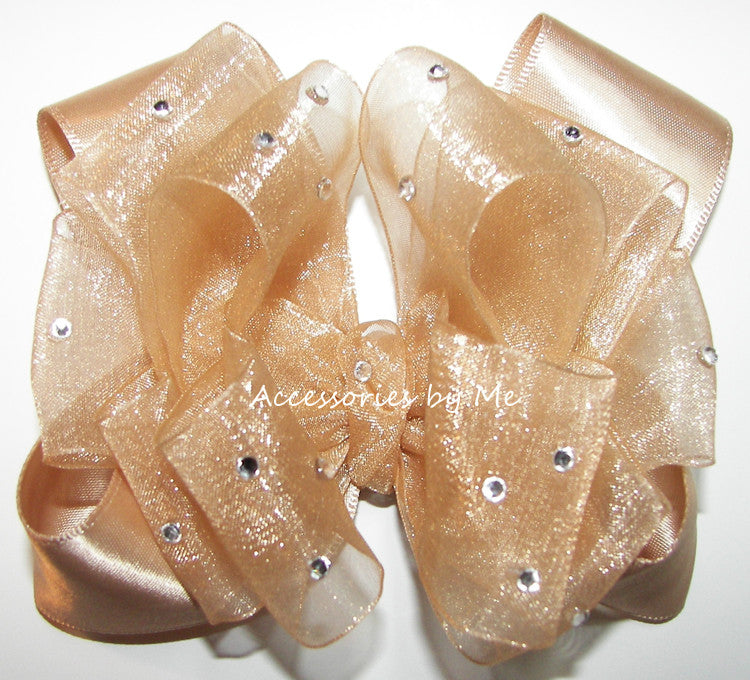 Glitzy Champagne Gold Organza Satin Hair Bow