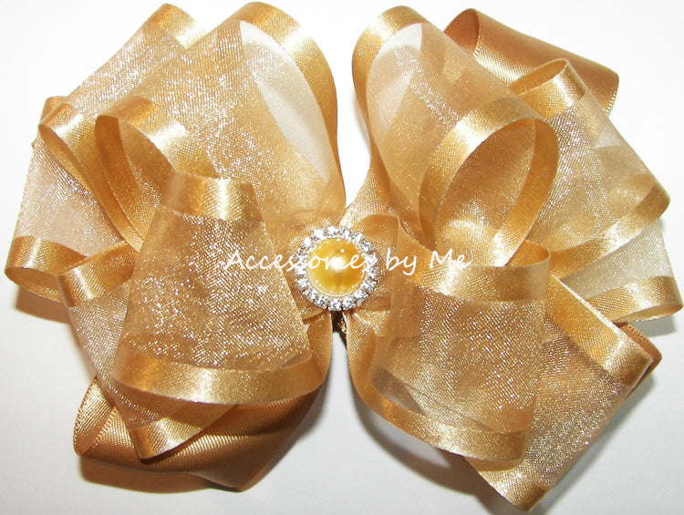 Gold Organza Satin Gold Pearl Rhinestone Center Hair Bow