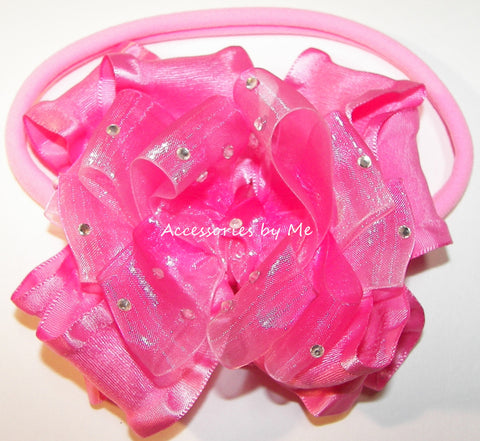 Glitzy Hot Pink Ombre Ruffle Bow Nylon Band