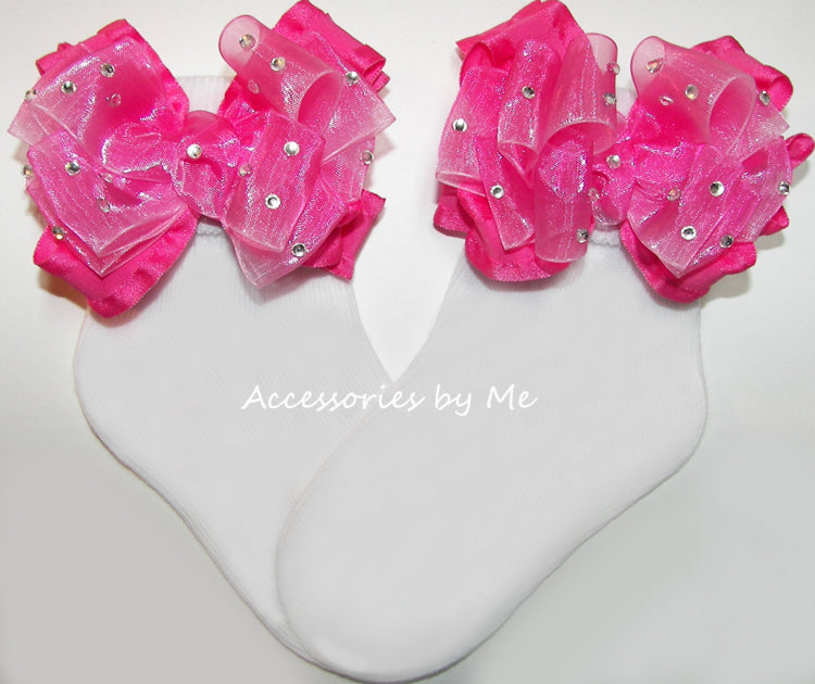 Glitzy Hot Pink Ombre Ruffle Bow Socks
