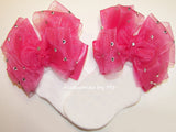 Glitzy Hot Pink Organza Satin Bow Socks