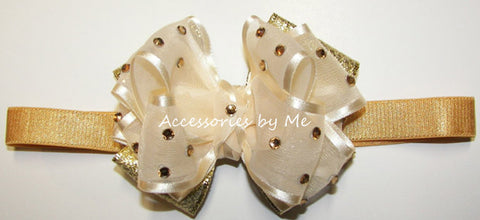 Glitzy Ivory Gold Metallic Bow Headband